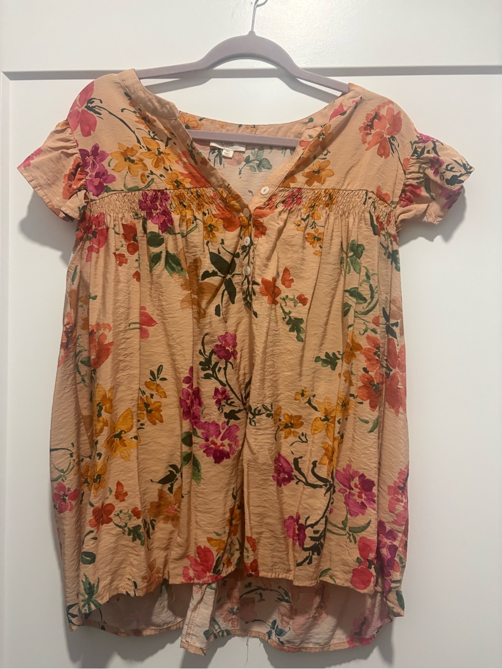 Floral Short-Sleeve Peasant Tunic - Blush Peach